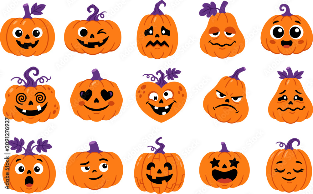 Fototapeta premium Collection of 15 cartoon Halloween pumpkins with various facial expressions jack o lantern spooky