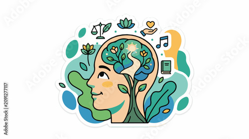 A person's head with a plant growing out of it surrounded by various symbols