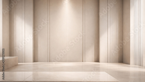 empty minimalist room with beige paneled wall marble floor and single spotlight
