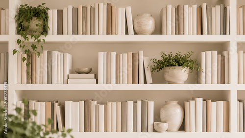 neutral beige bookshelf rows filled with books ceramic vases and green houseplants