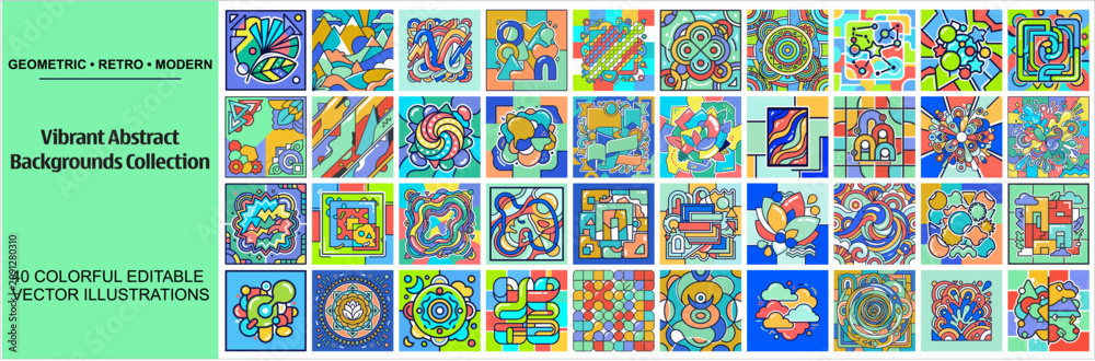 Fototapeta premium Vibrant abstract backgrounds collection, 40 colorful editable vector illustrations, geometric retro modern patterns for creative design projects