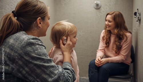 Professional audiologist adjusting hearing aid for a toddler in a clinical setting with mother watching in the background for support with audiologist carefully fitting