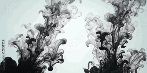 Fotografi Black ink droplets dissolving in water creating artistic smoke effects with diss
