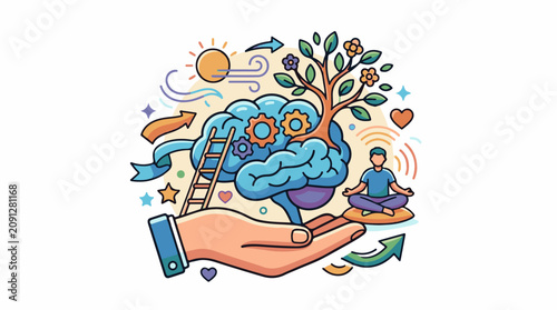 A colorful illustration of a hand holding a brain with a tree growing out of it