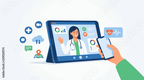 A cartoon doctor on a computer screen waving at a person holding a phone