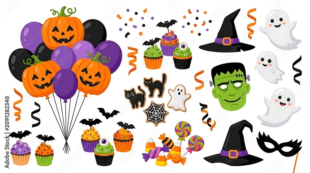 Naklejka premium Halloween Party Icons Bundle Ghost Pumpkin Witch Spider Vector Clipart Collection