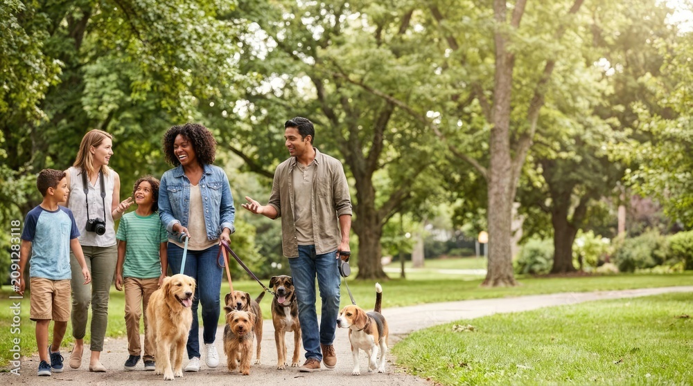 Obraz premium Happy family walking dogs through sunny green city park.