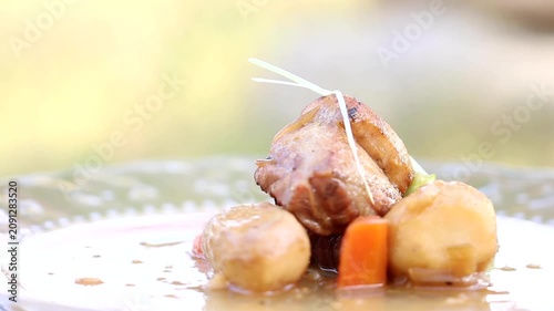 Braised pork belly taro stew fusion cuisine gourmet plating plate recipe food ingredient pork meat pork ribs 통돼지삼겹살 삼겹살 돼지고기 숯불구이 돼지고기볶음 짜글이 스튜 케이푸드 퓨전 토란 당근 조림 플레이팅 접시 요리 식재료 음식 갈비 양념구이