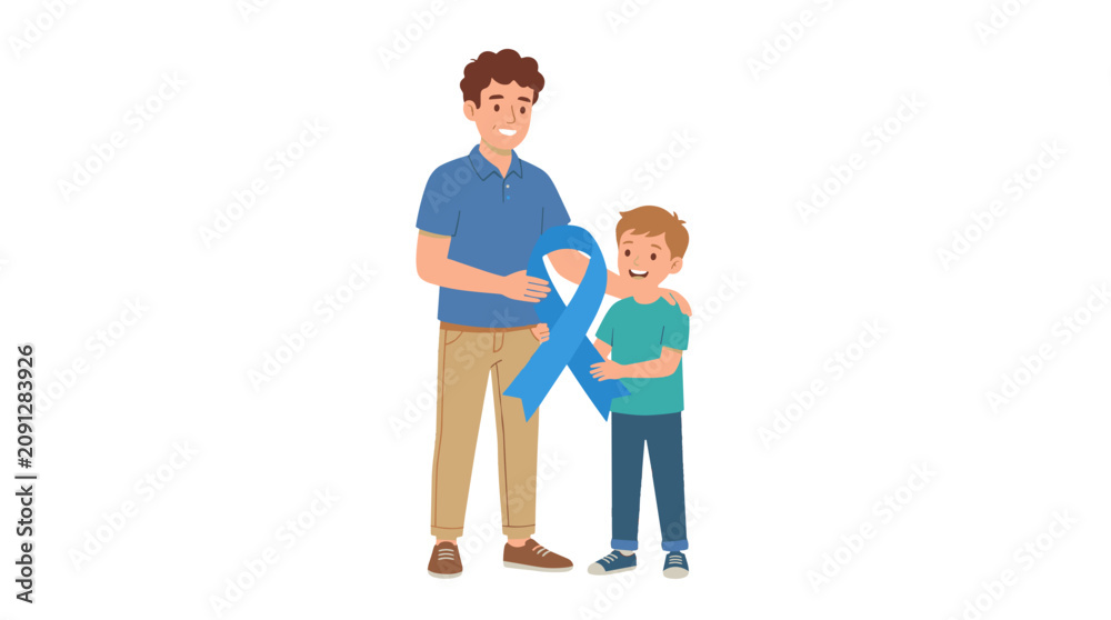 Fototapeta premium Father and son holding a blue ribbon together celebrating achievement and success