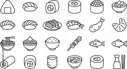 Bild auf Leinwand Japanese Food and Sushi Line Icons Set with Traditional Cuisine and Restaurant S