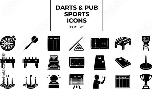Darts and Pub Sports Silhouette Icon Set with Dartboard, Pool Cue, Foosball Table and Cornhole Toss, 20 Icons for Pub Sports Leagues and Bar Branding, Flat Vector