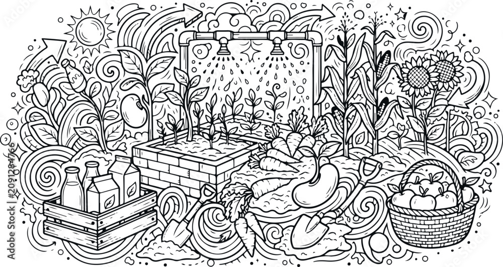Obraz premium Black and white hand drawn sketch of a vertical urban farm with hydroponic plants and fresh produce agriculture hydroponics vegetables sustainability gardening technology irrigation