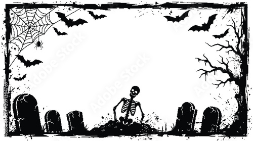 Halloween background with skeleton, tombstones, bats and spider web