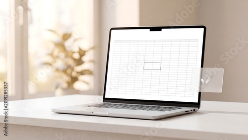 Spreadsheet software and data entry, laptop with blank spreadsheet grid and checkmark symbol on bright office desk, accounting and bookkeeping, data accuracy verification and business record keeping