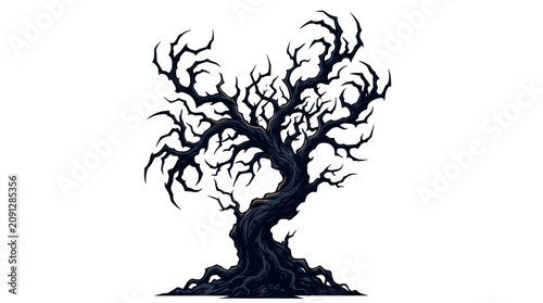 Illustration of a spooky twisted barren tree with gnarled branches on dark background