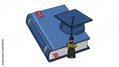 Tablou pe pânză Graduation cap on stacked books in 2D Vector Illustration style symbolizing acad
