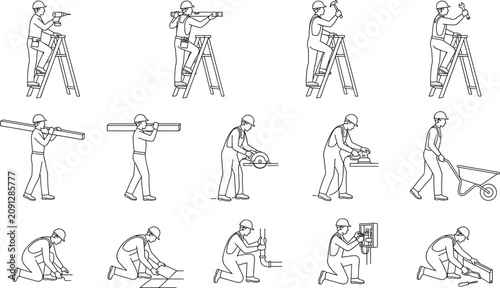 Construction worker and handyman character icon set featuring builders renovation and repairs line art vector