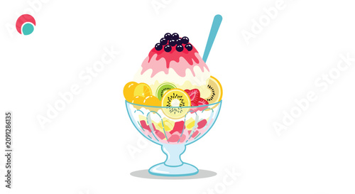 Refreshing bowl of shaved ice dessert topped with kiwi, orange slices, berries, and syrup for a perfect summer treat.
