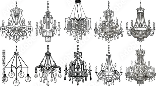 Tableau sur toile Hand drawn set of luxurious crystal chandeliers and modern vintage pendant light