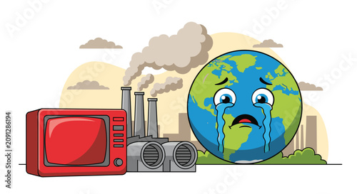 Sad Earth character crying next to industrial factory chimneys emitting smoke to symbolize environmental pollution.