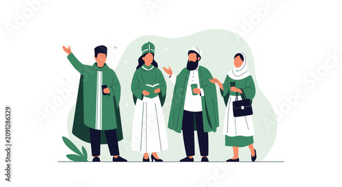 Four diverse people in green and white religious or academic robes talking in a friendly outdoor setting.