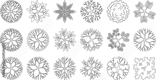Cuadro en lienzo Set of landscape tree symbols top view architecture plan icons isolated on white