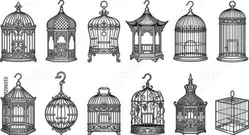 Fotografía PrHand drawn set of vintage birdcages with ornate decorative patterns and classi
