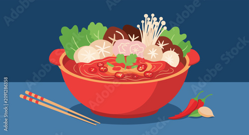 Large bowl of spicy hot pot with mushrooms, greens, and peppers served on a table with chopsticks.