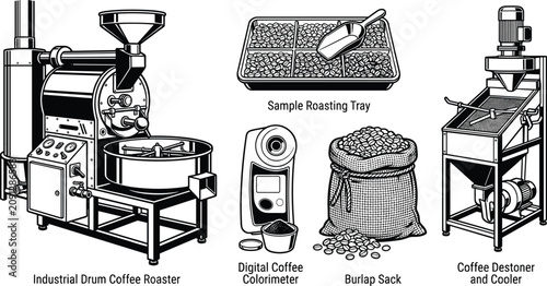 Fotografie Professional industrial coffee roasting equipment and processing tools for artis