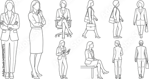Set of professional businesswoman characters in diverse poses line art illustration isolated on white