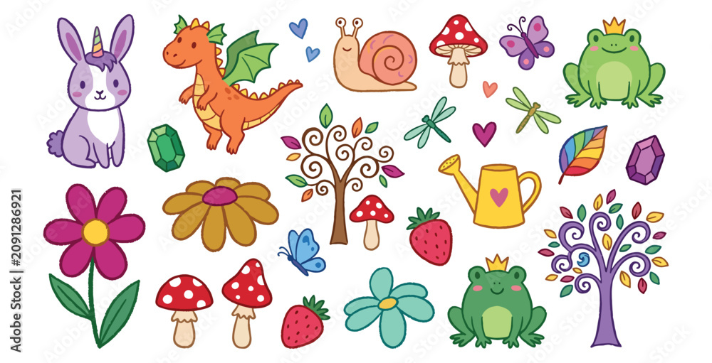 Obraz premium Set of cute cartoon magical animals and elements, forest characters, vector illustration collection.