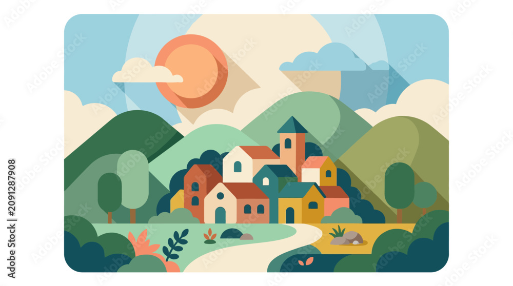 Fototapeta premium A colorful flat design illustration of a small quaint village nestled among rolling green hills.