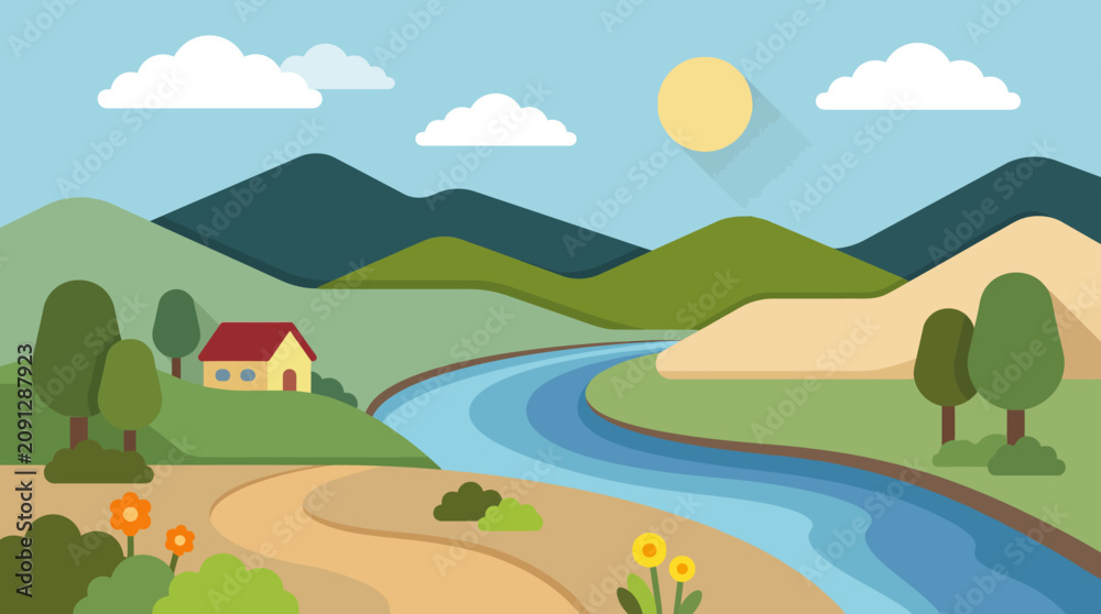 Obraz premium A serene flat vector illustration of a cozy cottage house beside a flowing river in a lush green valley.