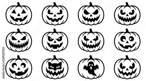 Collection of various cartoon halloween pumpkins with different facial expressions and styles