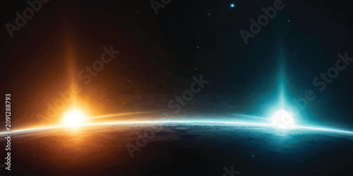 Canvastavla Dual suns sunrise over planet horizon with contrast light science fiction univer