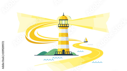 Colorful lighthouse with light beams shining on a winding path by the sea