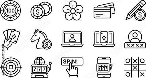 Quadro su tela Black outline online casino and gambling icon set with slot machine poker cards
