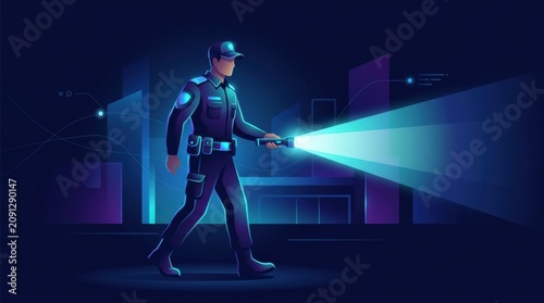 Security guard walks through city area at night, using flashlight to check surroundings and maintain safety for the public and property