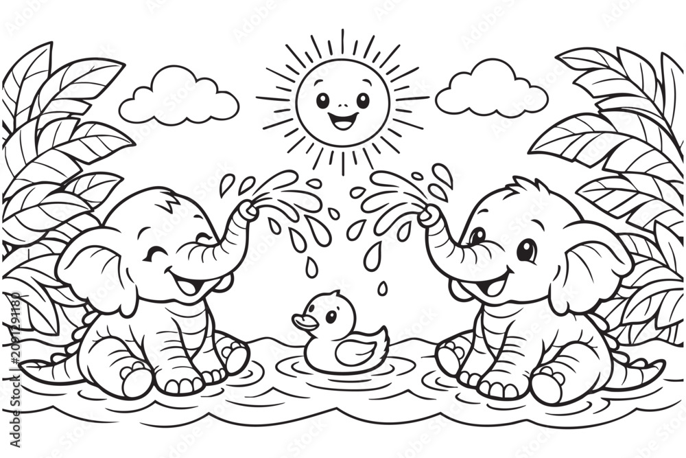 Obraz premium Cute elephants and duck playing in water on sunny day
