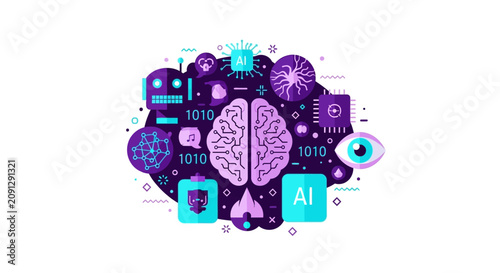 Artificial Intelligence and Machine Learning Concept Illustration. Flat Vector Design Featuring Brain Circuitry, Digital Data Icons, Robotics, and Computer Vision.