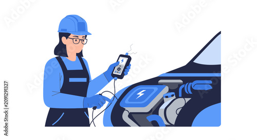 Female Mechanic Diagnosing Electric Vehicle Battery with Digital Tool, Modern EV Service and Maintenance Flat Vector Illustration