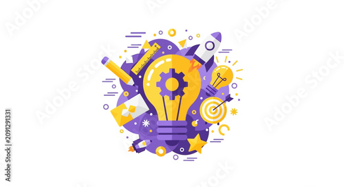 Creative Innovation and Business Startup Concept Vector Illustration with Lightbulb, Rocket, and Gear Icons