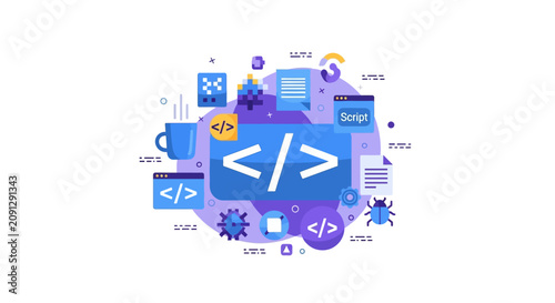 Web Development and Programming Concept Illustration with Coding Icons, Software Engineering, and App Design Elements in Blue and Purple