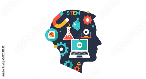 STEM Education Concept Illustration with Human Head Silhouette and Icons for Science, Technology, Engineering, and Mathematics. Flat Vector Design for Digital Learning.