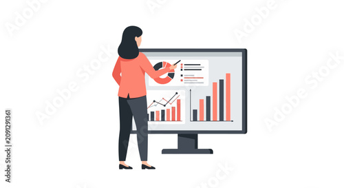 Businesswoman Analyzing Financial Data Charts and Graphs on Large Computer Screen, Flat Vector Illustration of Data Scientist Working on Growth Strategy and Performance Analytics