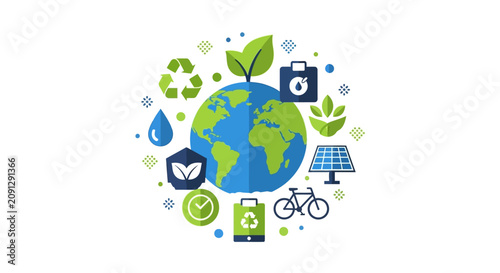 Environmental Sustainability Concept with Earth Globe and Eco Icons: Renewable Energy, Recycling, Green Living, and Climate Protection Vector Illustration