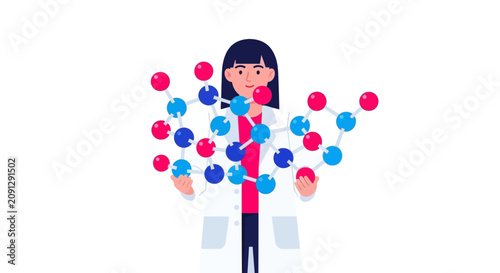 Female Scientist Holding Molecular Structure Illustration - Biotechnology and Chemistry Research Vector