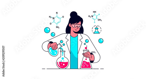 Female Scientist Working in Laboratory with Chemistry Flasks and Molecular Formulas Flat Vector Illustration