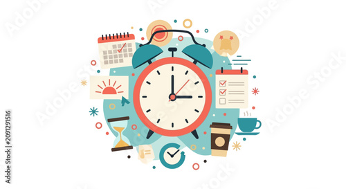 Time Management and Productivity Illustration with Alarm Clock, Calendar, and Checklist Icons for Efficient Planning