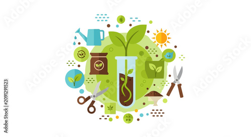 Modern Flat Vector Illustration of Plant Biotechnology, Sustainable Agriculture Research, and Seedling Growth in Laboratory Test Tube